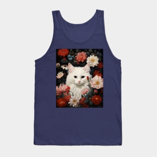 Feline Garden Delight: Retro Vintage Fluffy White Cat surrounded in Flowers Tank Top